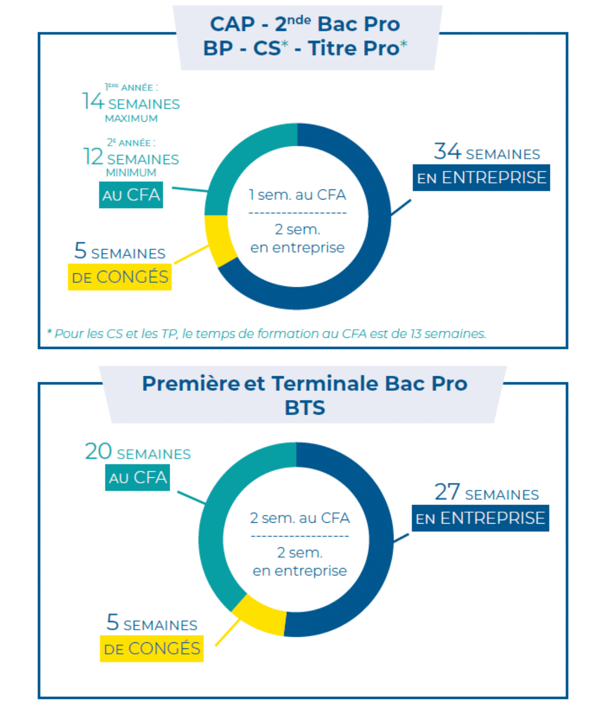Le schéma présente le rythme annuel de l'alternance en CAP, BP et seconde Bac Pro : une semaine au CFA puis deux semaines en entreprise. Sur l'année, cela revient à 34 semaines en entreprise et 14 semaines (en première année) ou 12 semaines (en deuxième année) au CFA auxquelles s'ajoutent 5 semaines de congés payés.